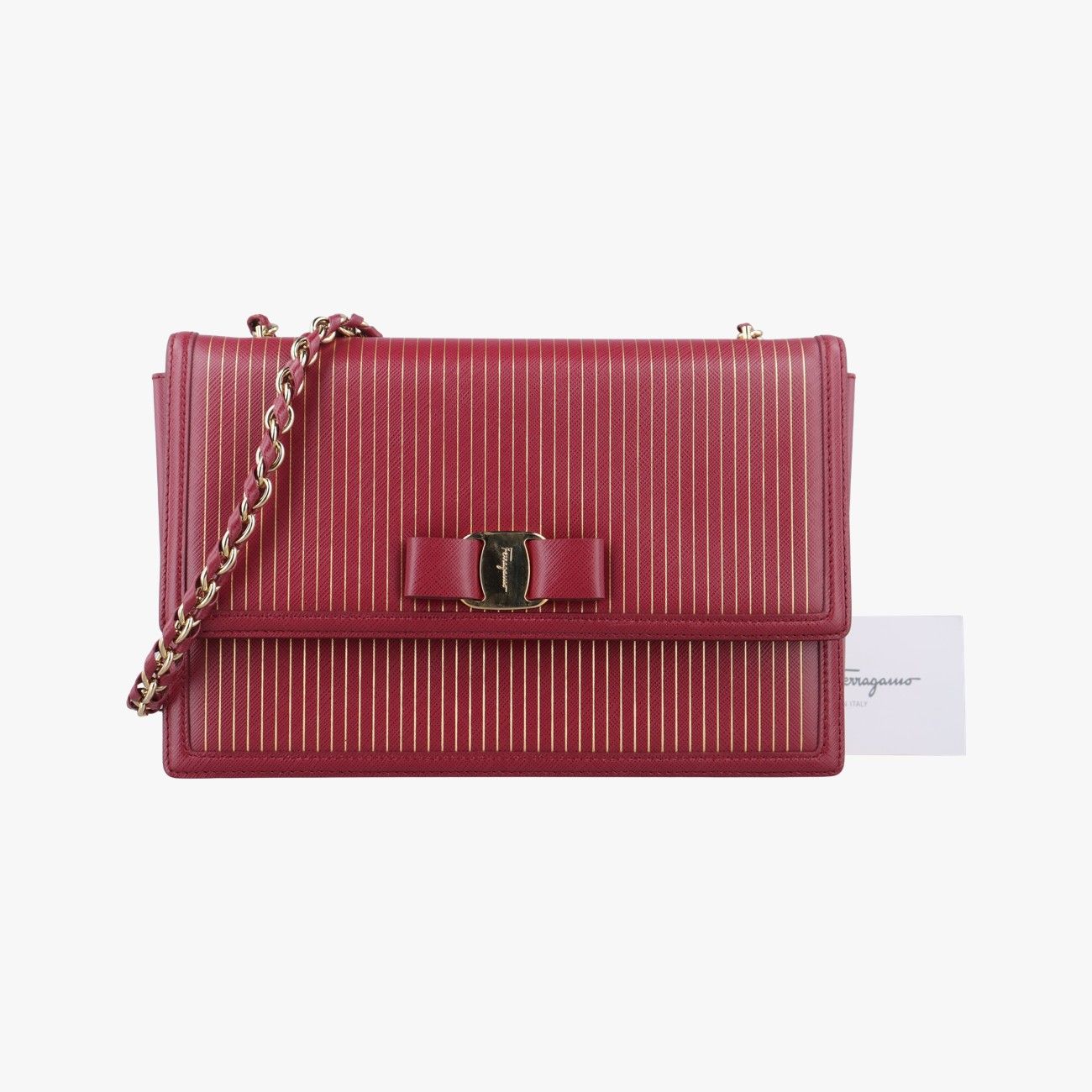 フェラガモFerragamoヴァラ ロゴ リボン ストライプレッドレザーAU-21 F987