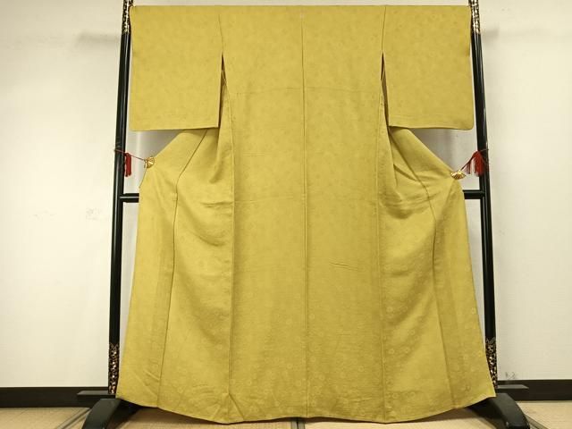 平和屋着物 上質な色無地 単衣 花尽くし地紋 黄支子色 正絹 fy