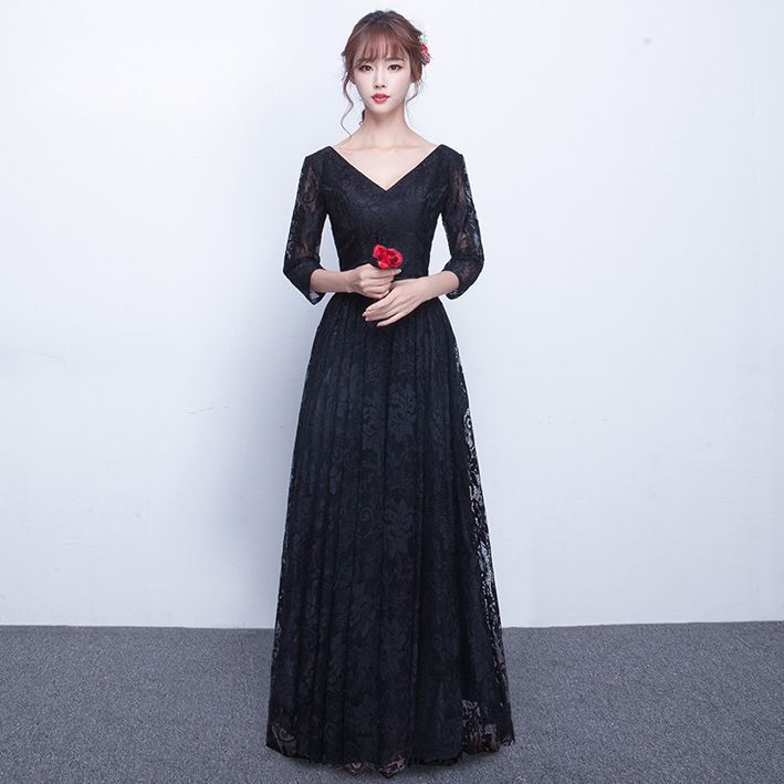 M ブラックドレス 締上げタイプ ロングドレス レースドレス スレンダーライン パーティードレス 舞踏会 演奏会 披露宴ドレス da951f0