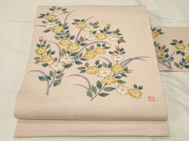 平和屋着物 九寸名古屋帯 作家物 手描き 紬地 草花文 正絹 dy