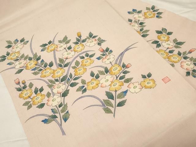 平和屋着物●九寸名古屋帯　作家物　手描き　紬地　草花文　正絹　逸品　CABA2252dy 平和屋着物○九寸名古屋帯 作家物 手描き 紬地 草花文 正絹