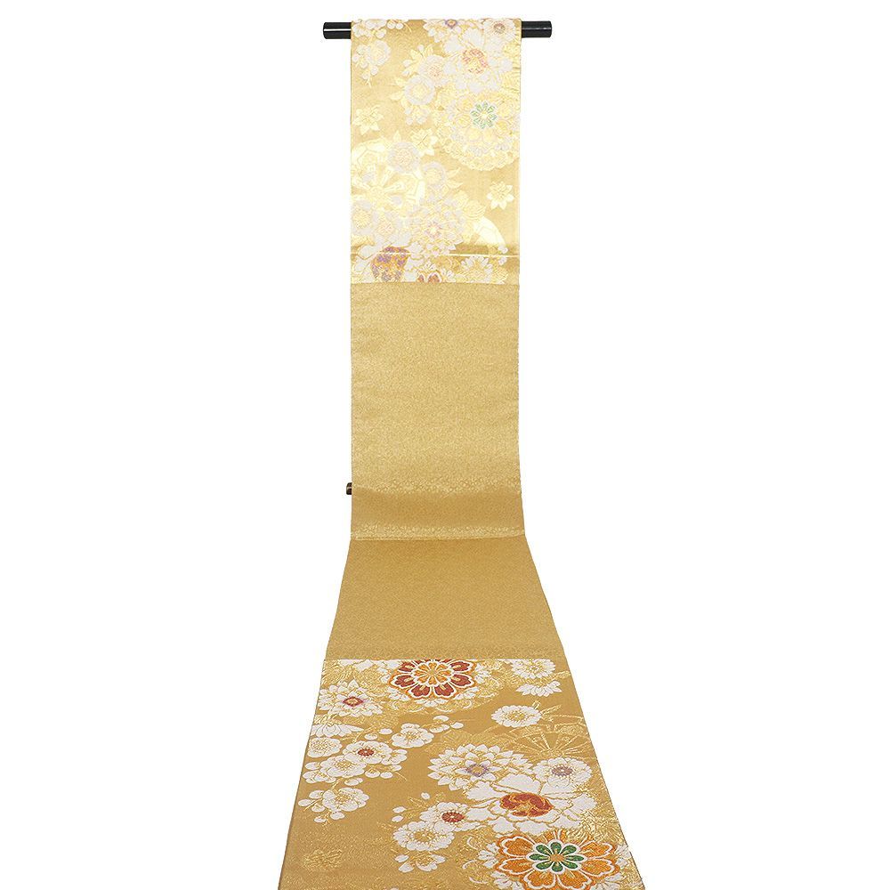 本日の特売品 ／ 振袖用 袋帯 正絹 金 桜 梅 華文 車輪文 Lサイズ