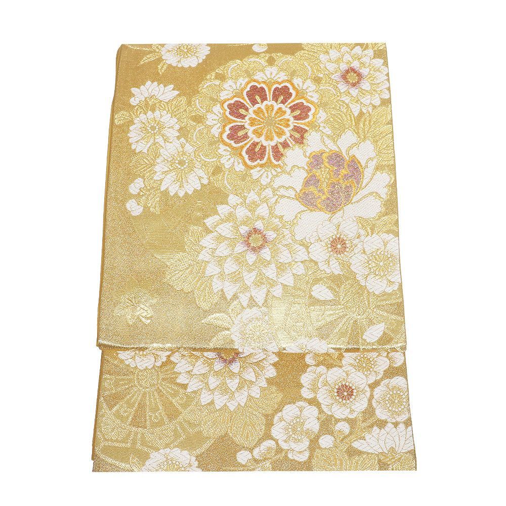 本日の特売品 ／ 振袖用 袋帯 正絹 金 桜 梅 華文 車輪文 Lサイズ