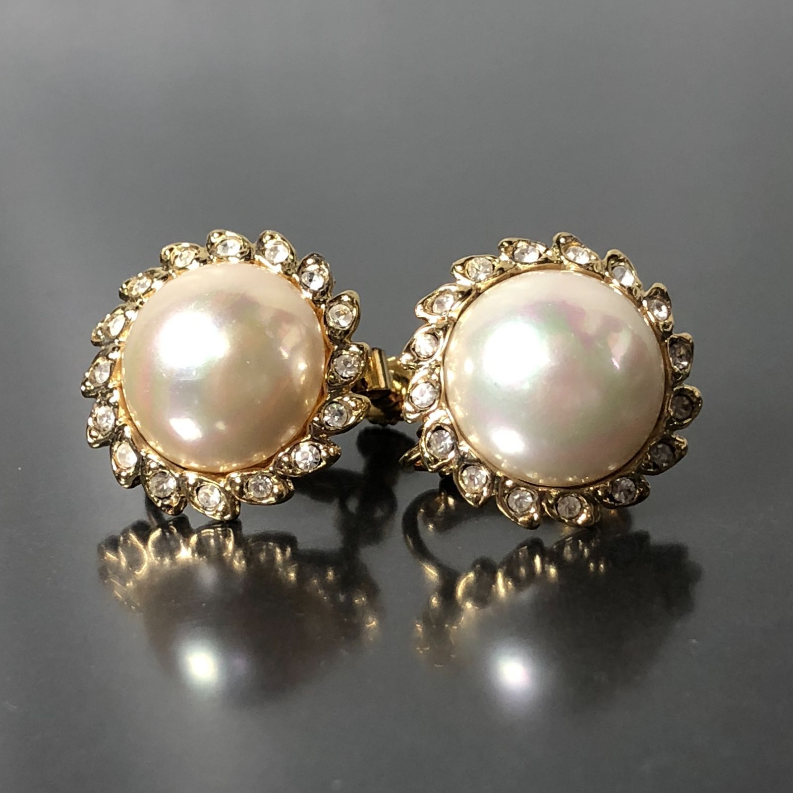 イヤリング パールデザイン ラインストーン 丸型 ラウンド ゴールド