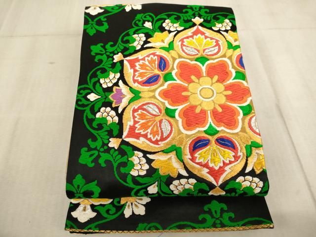 平和屋着物 子供 全通柄袋帯 唐織 正倉院花文 黒地 金糸 ja