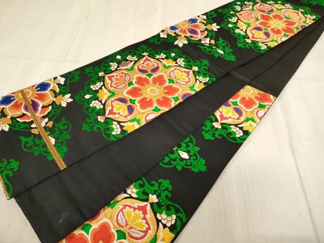 平和屋着物[]子供　全通柄袋帯　唐織　正倉院花文　黒地　金糸　逸品　AABB5827ja