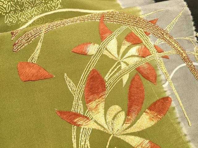 平和屋着物○アンティーク 大正ロマン 九寸名古屋帯 駒刺繍 草花文