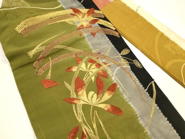 平和屋着物○アンティーク 大正ロマン 九寸名古屋帯 駒刺繍 草花文