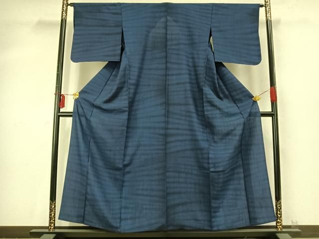 平和屋着物 上質な紬 単衣 藍 横縞 正絹 fy