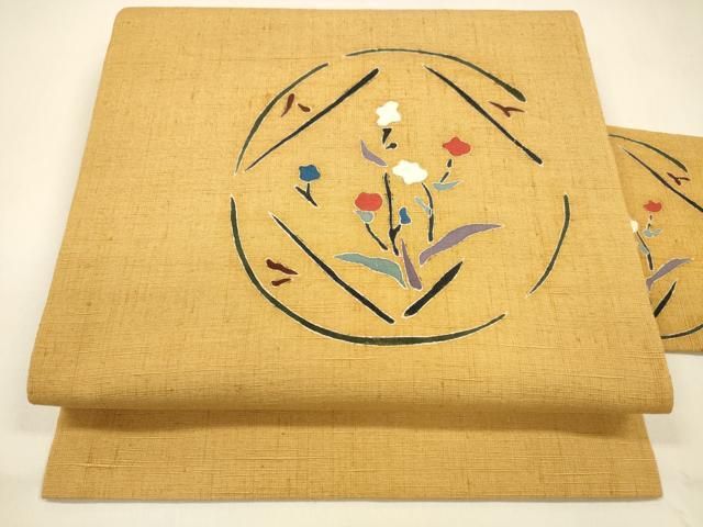 平和屋着物 九寸名古屋帯 紬地 枝花文 正絹 cm