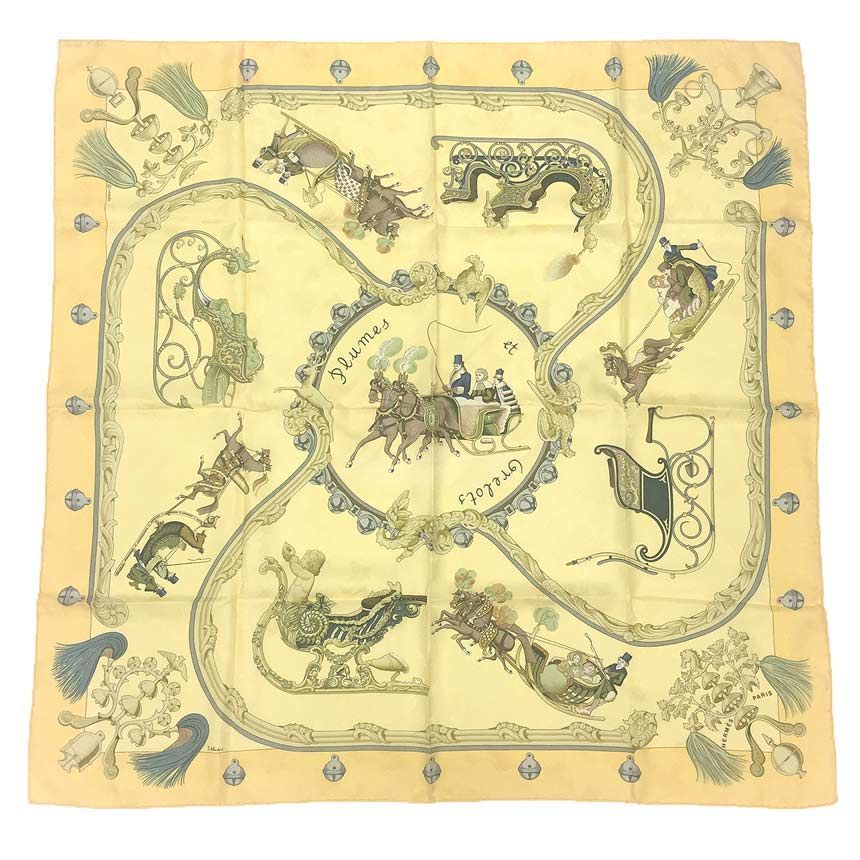 HERMES エルメス スカーフ カレ90 Plumes et Grelots 羽飾りと鈴 イエロー aq11587