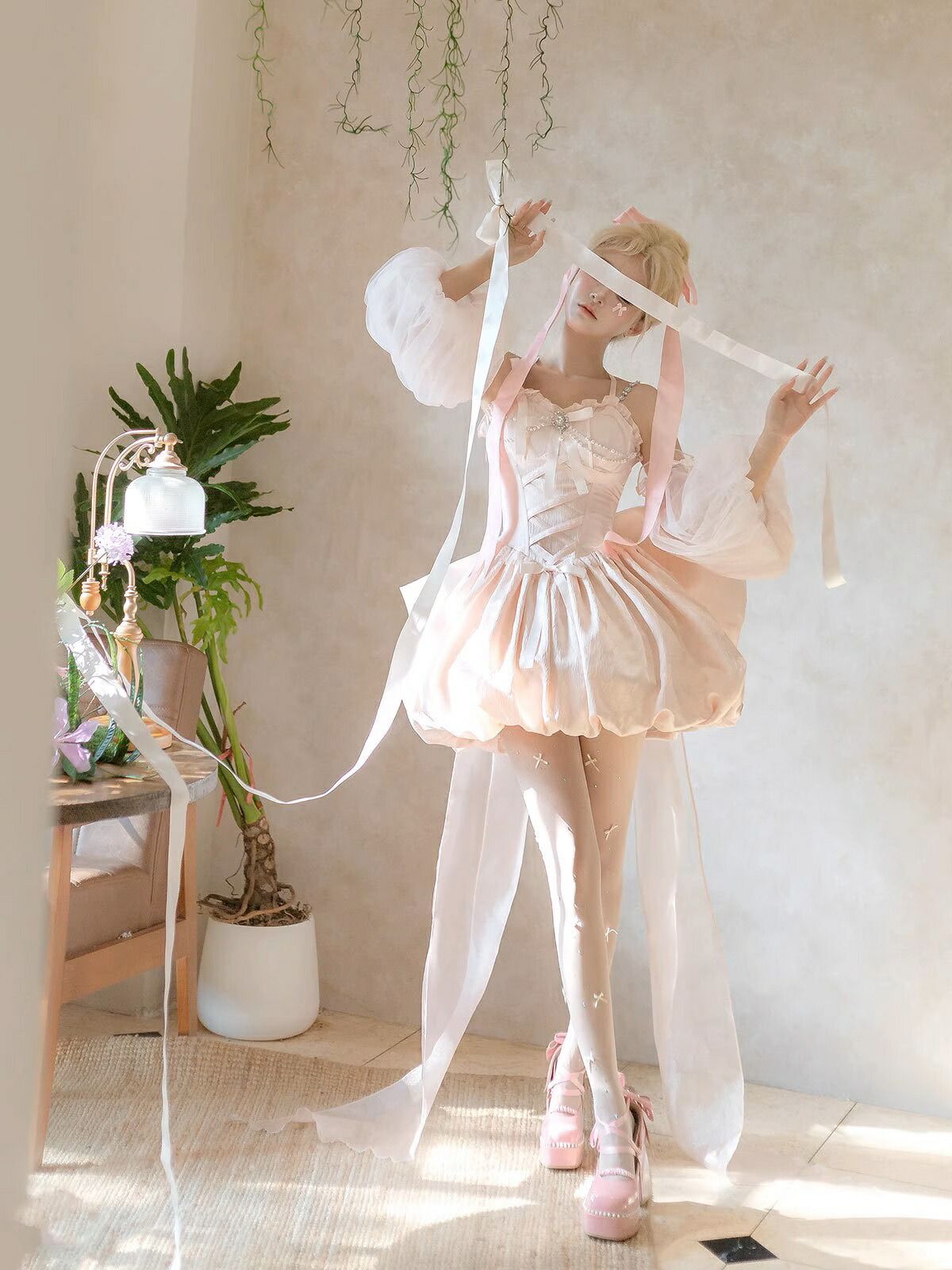 ロリータドレス 3点セット ジャンパースカート ピンク キャミソールワンピース ショート丈 レディース 大きいリボン付き 舞台衣装 イベント 仮装 女性 コスプレ衣装 エレガント パーティー オシャレ