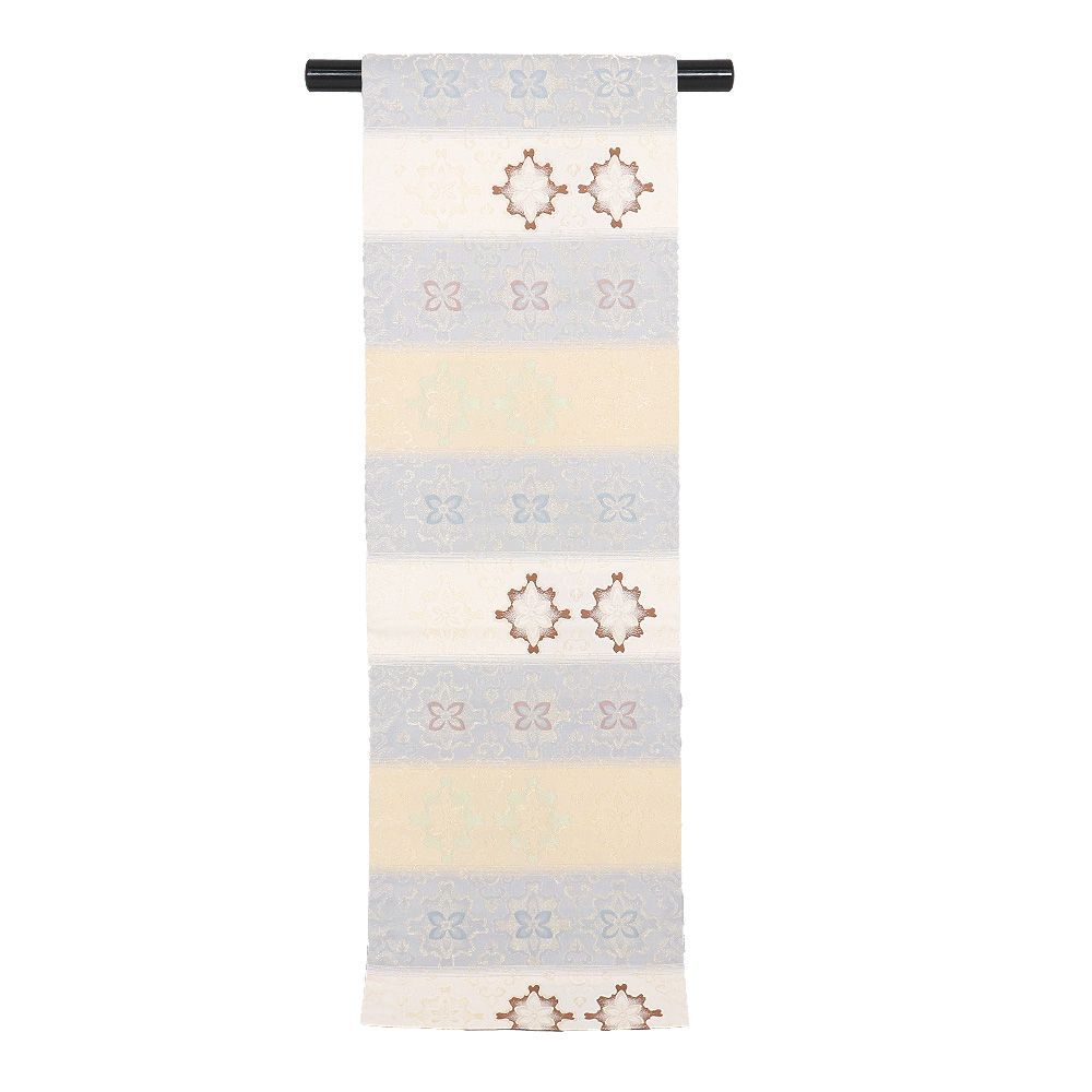  礼装用 名古屋帯 正絹 グレー クリーム ベージュ 横縞 金 紫 華文 Lサイズ N 3033 レディース シルク ギフト フォーマル み 袋帯 帯