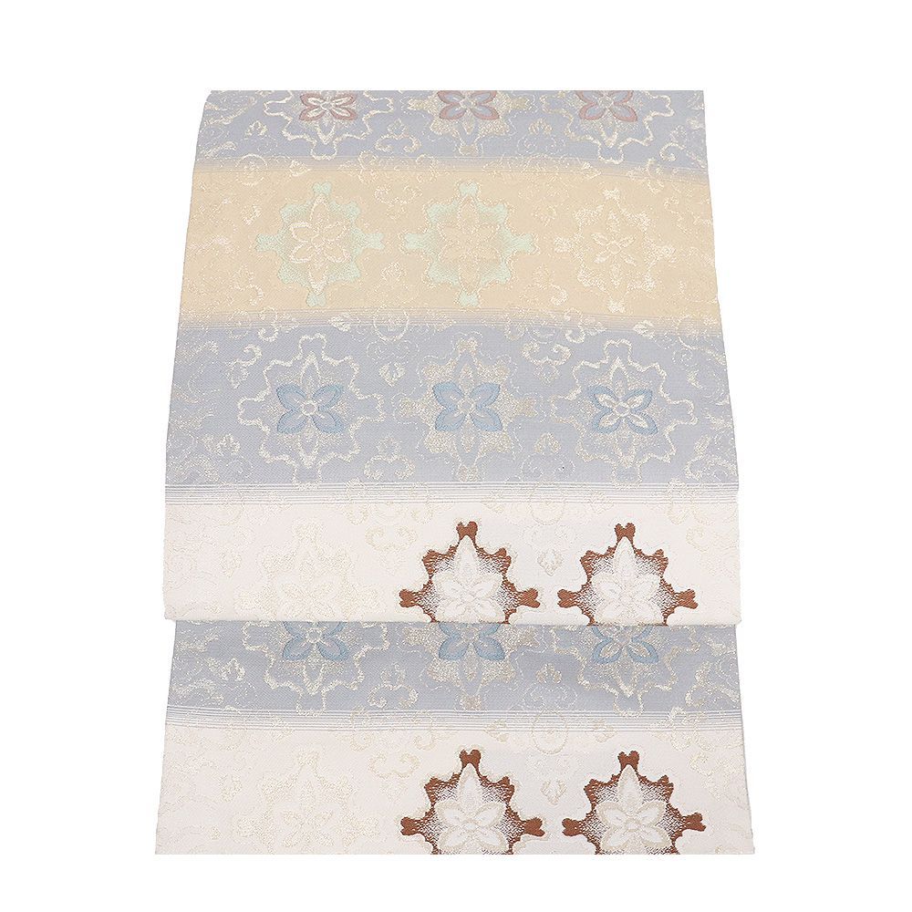 礼装用 名古屋帯 正絹 グレー クリーム ベージュ 横縞 金 紫 華文 Lサイズ N 3033 レディース シルク ギフト フォーマル み