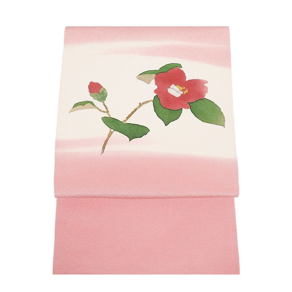 お洒落着用 縮緬名古屋帯 正絹 濃いピンク クリーム 椿 Mサイズ N 3035 レディース ギフト カジュアル 30代 40代 50代 み