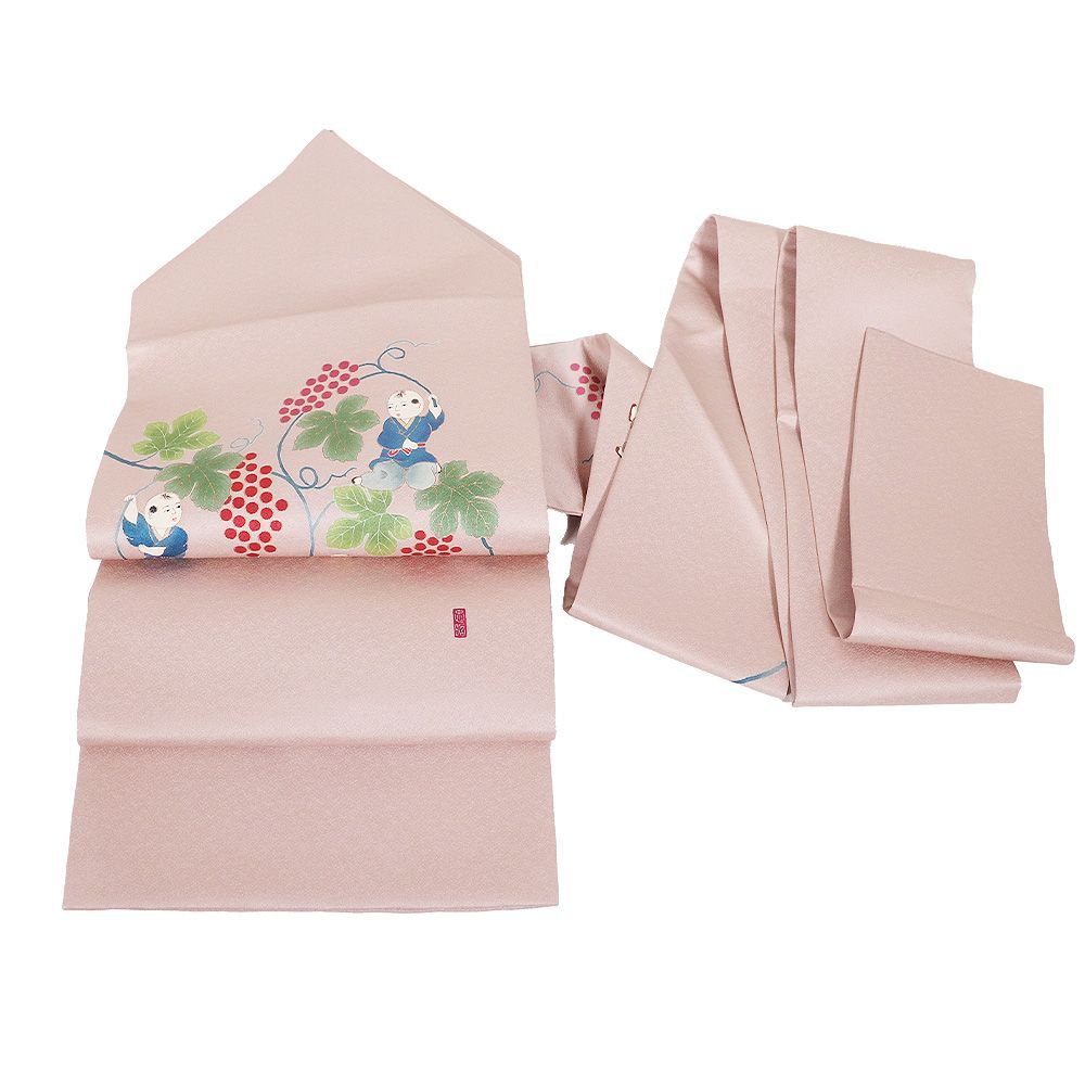  名古屋友禅 市石忠昭 手描き友禅 名古屋帯 正絹 濃いピンク 童 葡萄 Lサイズ N 3037 レディース ギフト カジュアル 名古屋帯 帯