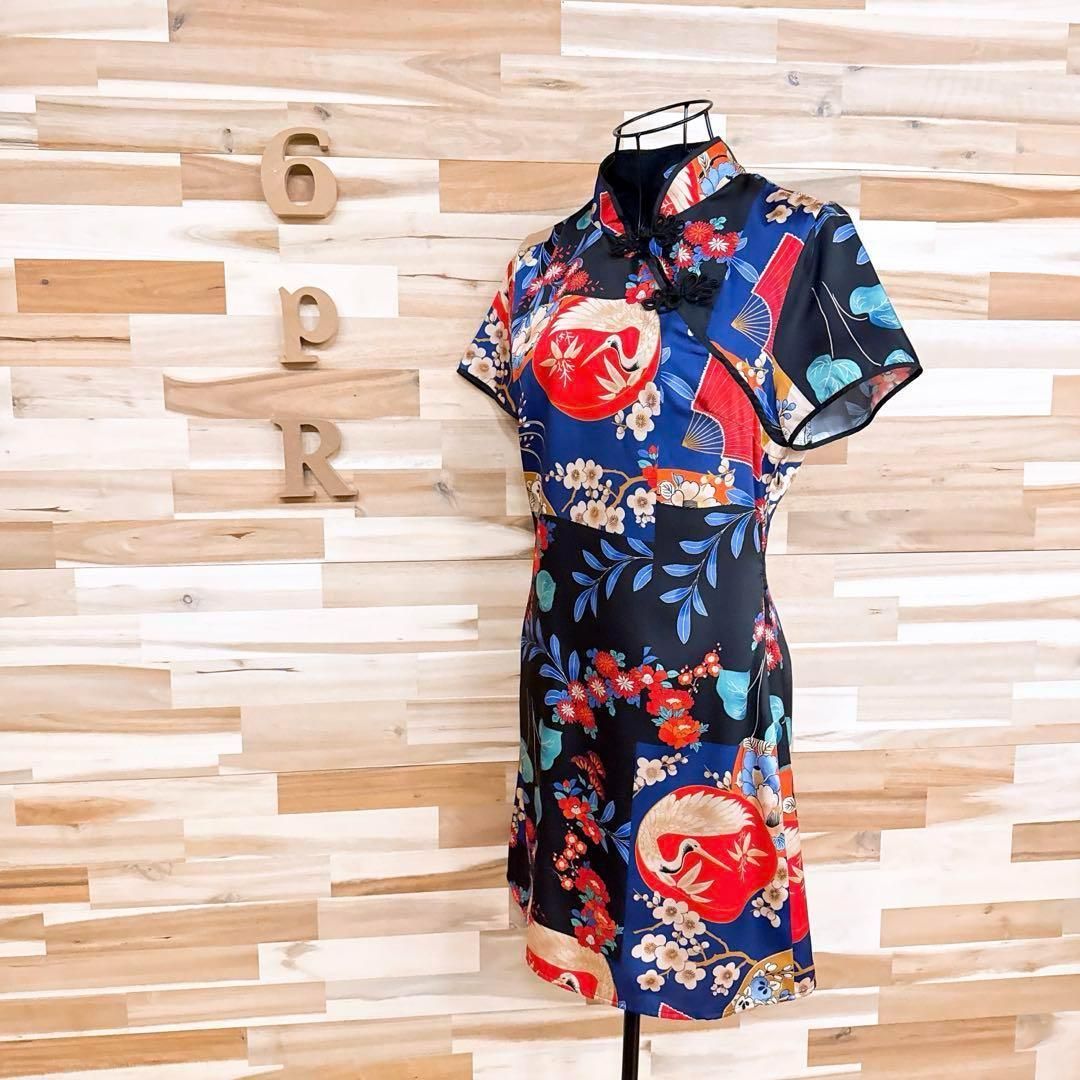 ザラ 和柄チャイナドレス ミニ ドレス ワンピース 鶴 花柄 総柄 S 黒