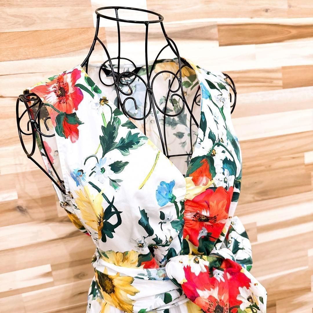  ザラ カラフル フラワー ノースリーブ ロング ワンピース 花柄 S 白 ノースリーブ カットソーワンピース