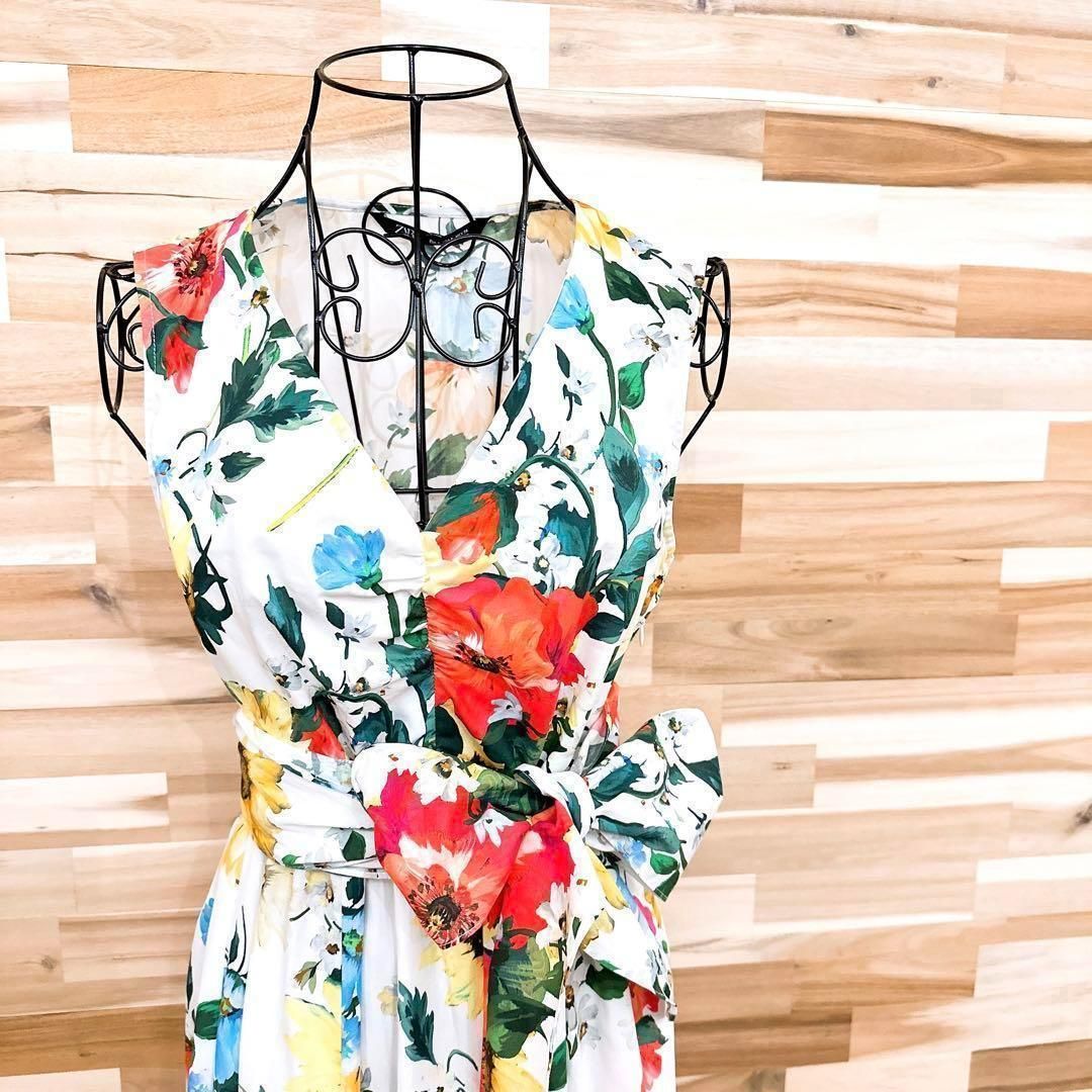 ザラ カラフル フラワー ノースリーブ ロング ワンピース 花柄 S 白