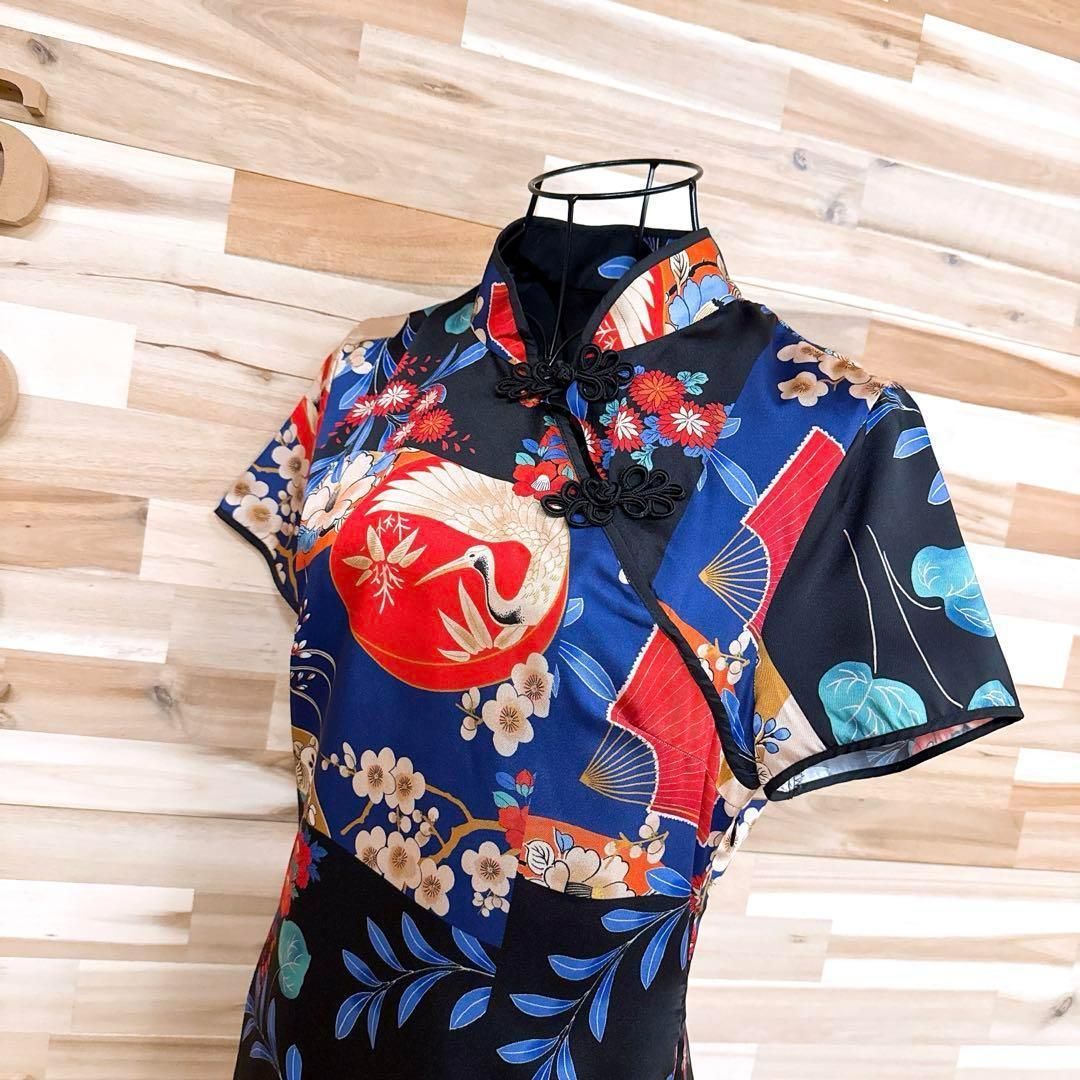 ザラ 和柄チャイナドレス ミニ ドレス ワンピース 鶴 花柄 総柄 S 黒