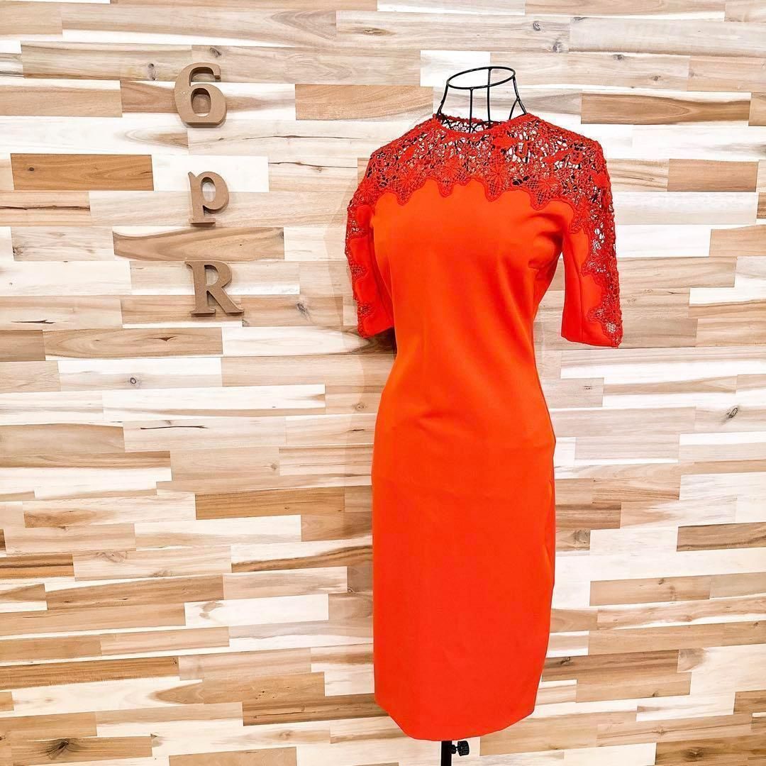 ザラ 花柄 刺繍 レース ドッキング ワンピース XS 赤レッド