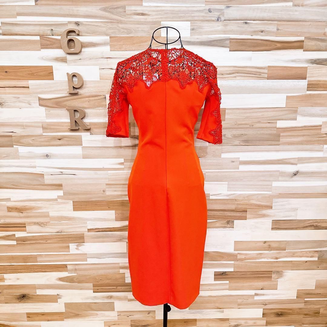  ザラ 花柄 刺繍 レース ドッキング ワンピース XS 赤レッド 半袖 ひざ丈ワンピース