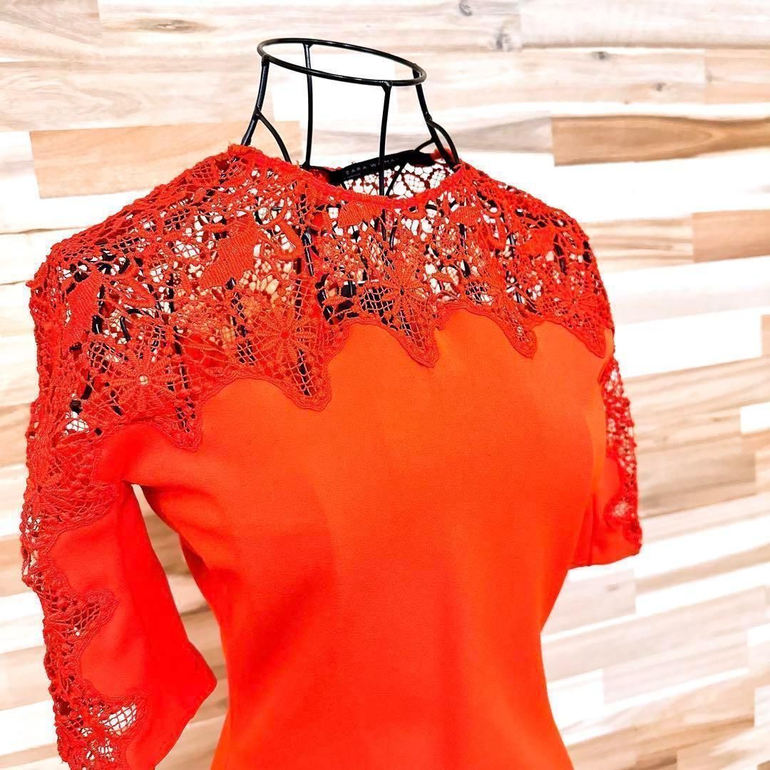 ザラ 花柄 刺繍 レース ドッキング ワンピース XS 赤レッド