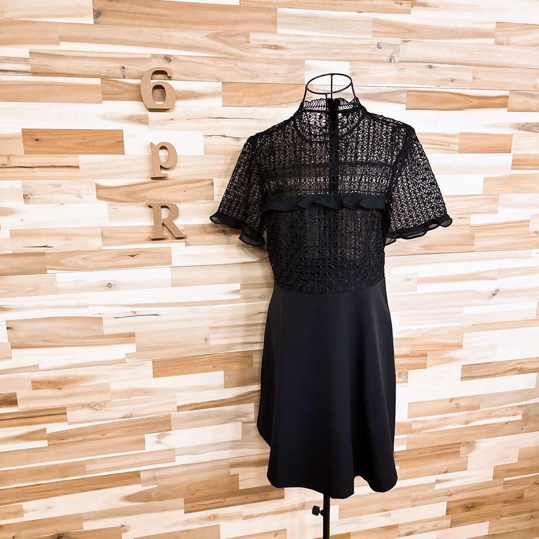 ザラ シアー モノグラム レース フリル ドッキング ドレス ワンピース L黒