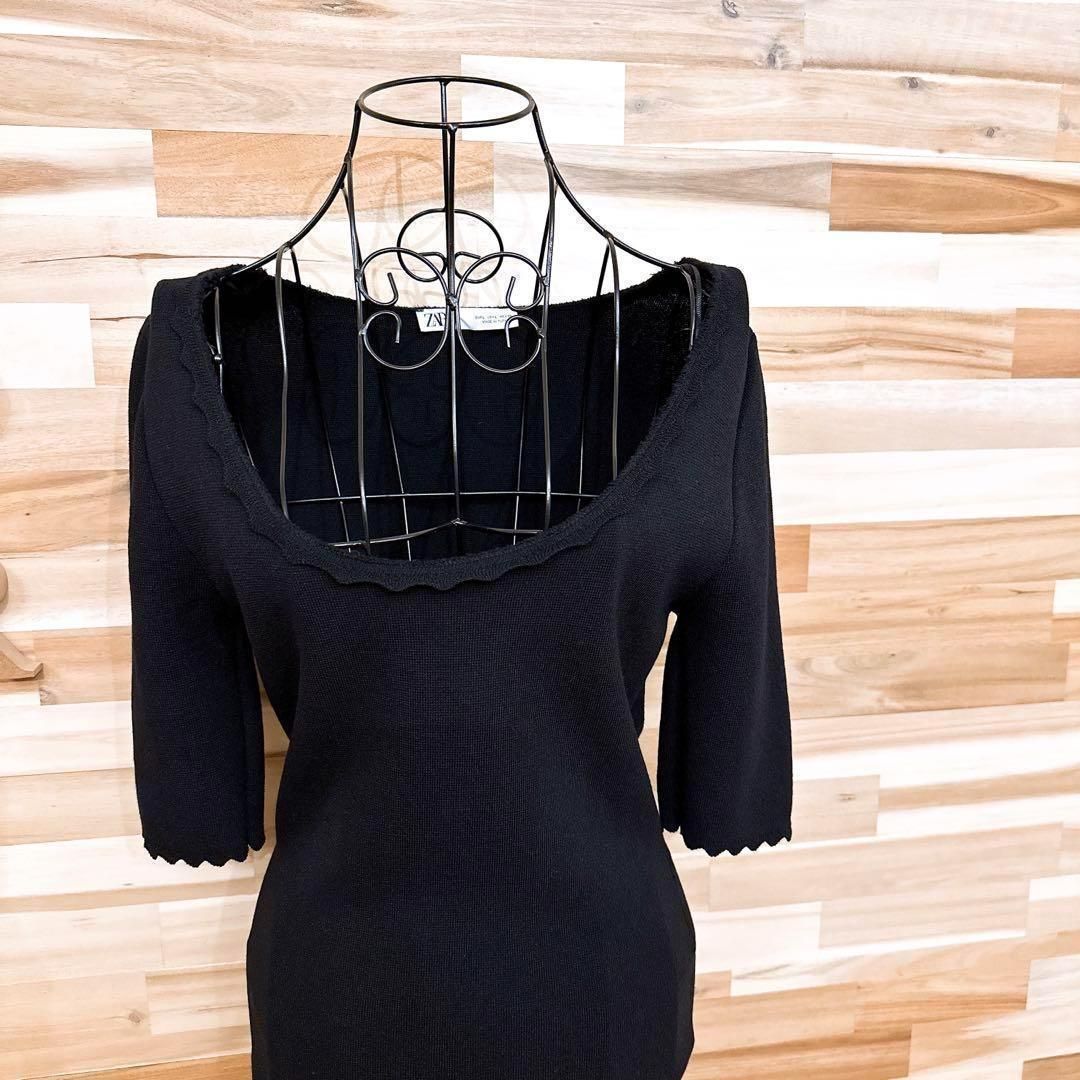 ザラ ワイドUネック スカラップ ニット ワンピース シンプル L黒ブラック