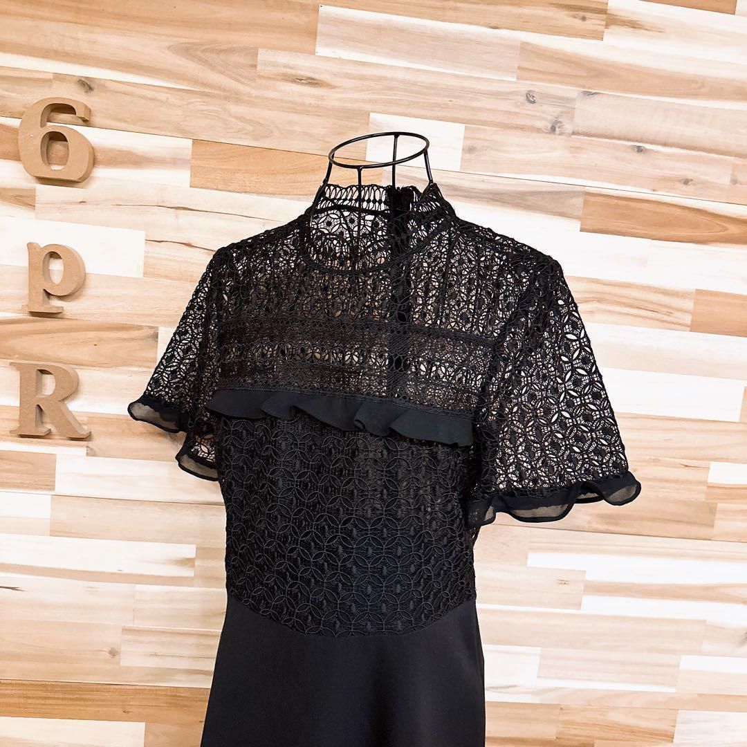 ザラ シアー モノグラム レース フリル ドッキング ドレス ワンピース L黒