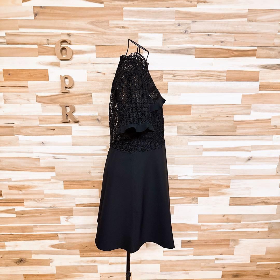  ザラ シアー モノグラム レース フリル ドッキング ドレス ワンピース L黒 半袖 ひざ丈ワンピース