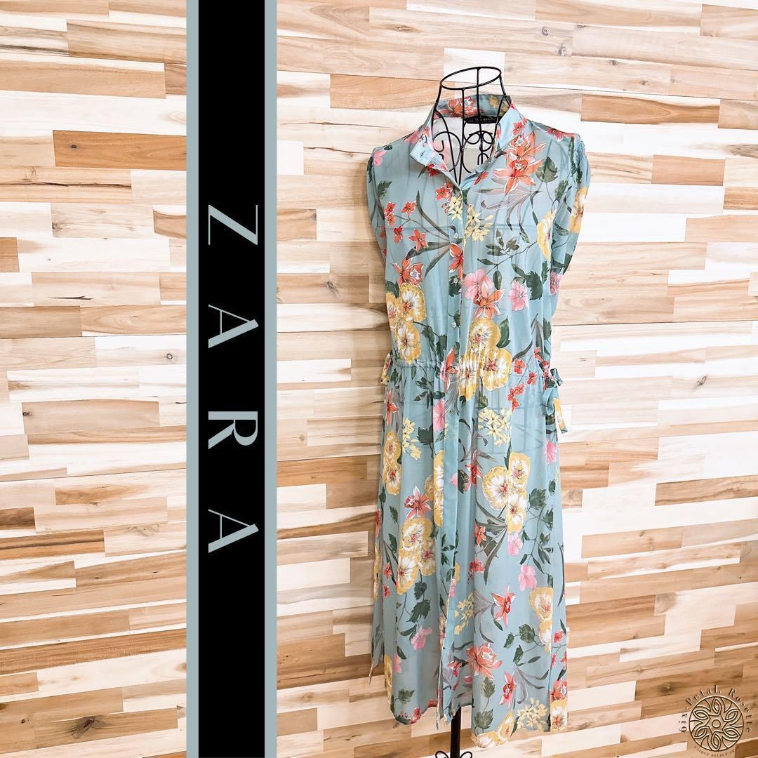 ザラ 透け感 シアー ボタニカル 花柄 シフォン ロング ワンピース M 緑