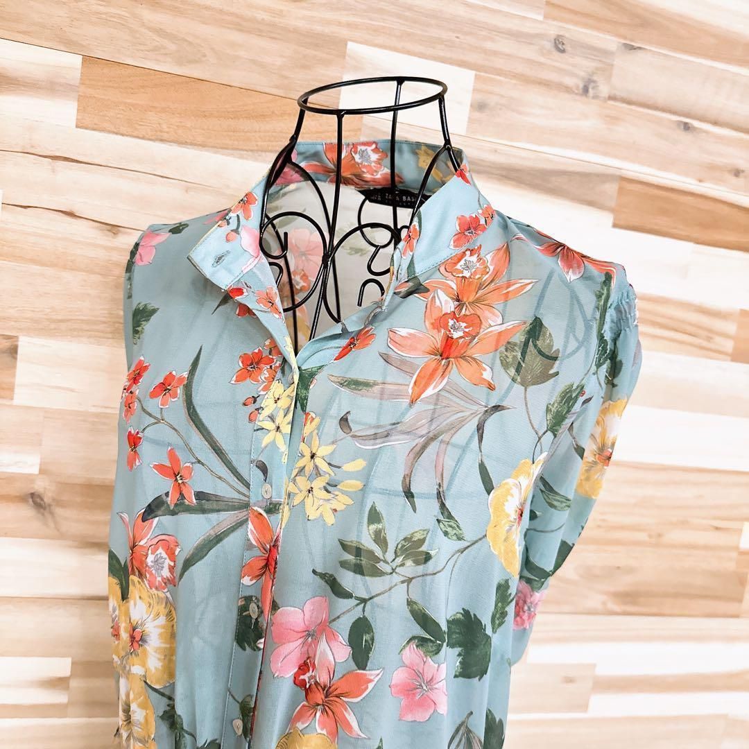 ザラ 透け感 シアー ボタニカル 花柄 シフォン ロング ワンピース M 緑