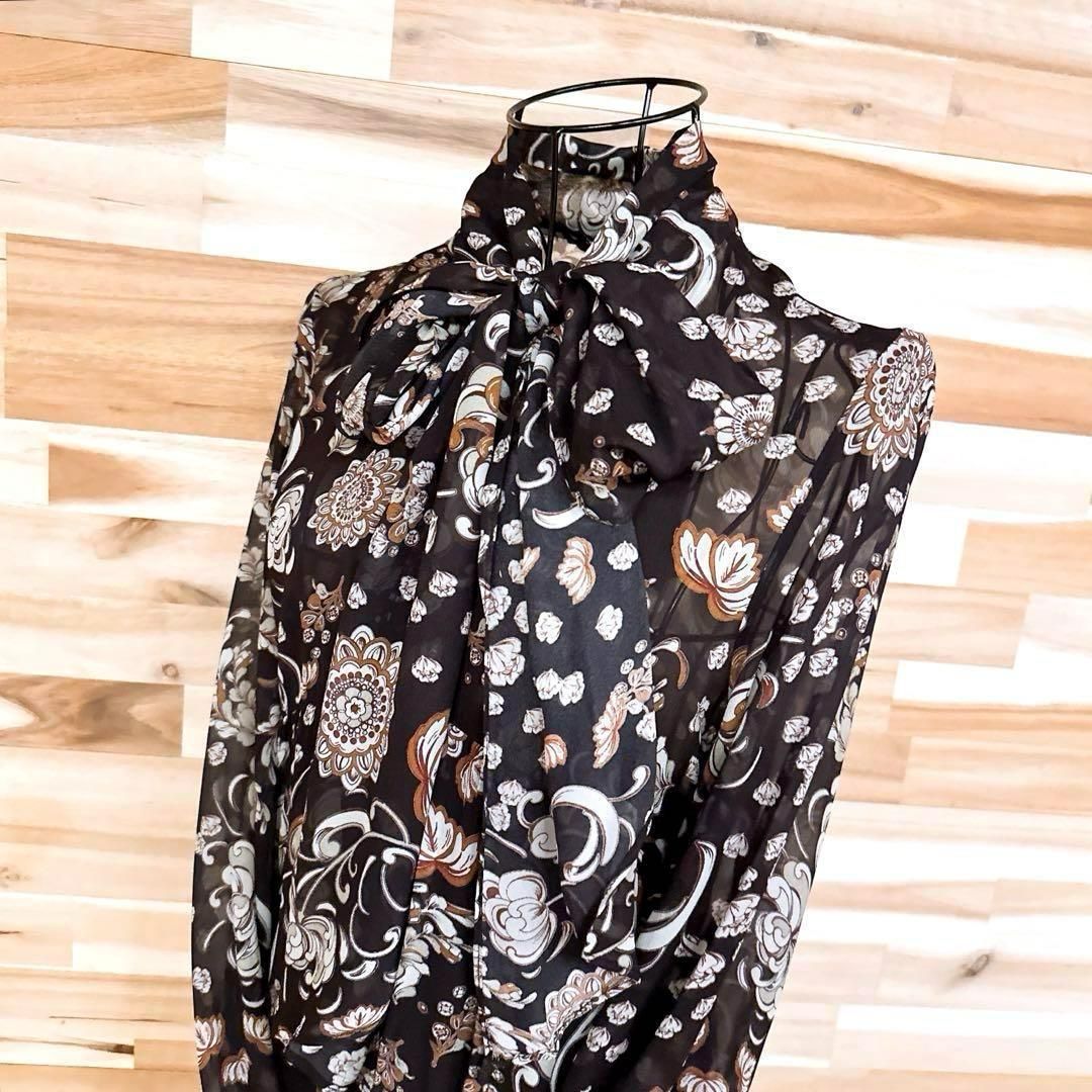 ザラ リボン タイ付き 花柄シフォン ワンピース ボタニカル XS 茶