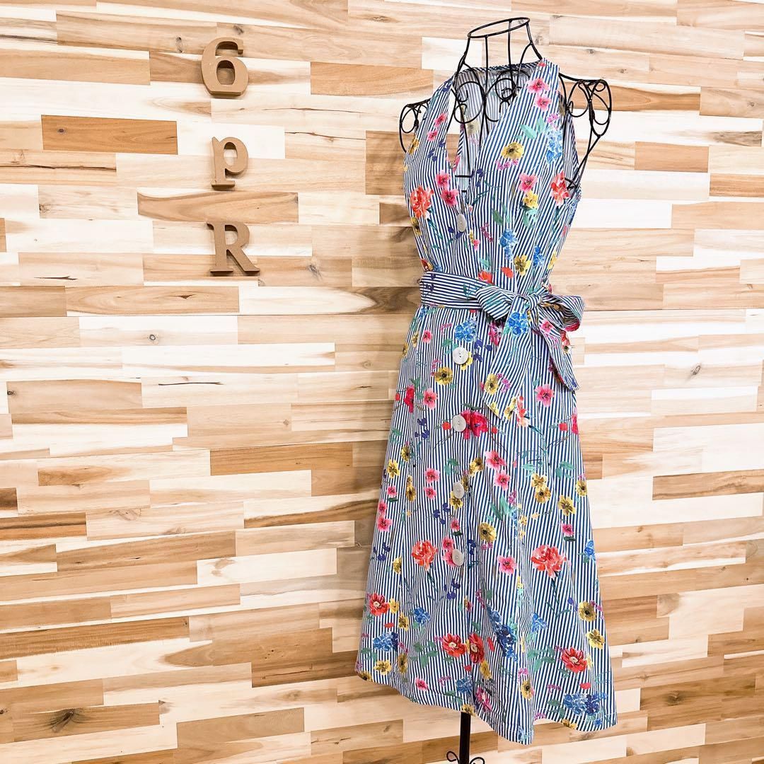 ザラ ストライプ フラワー ノースリーブ ワンピース カラフル 花柄 S青×白