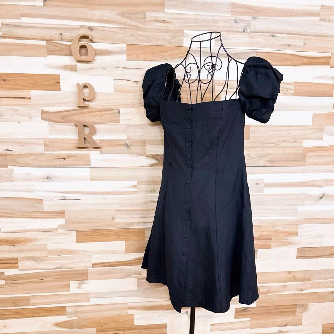 ザラ コットン リネン ブレンド ミニ ワンピース パフスリーブ S黒ブラック