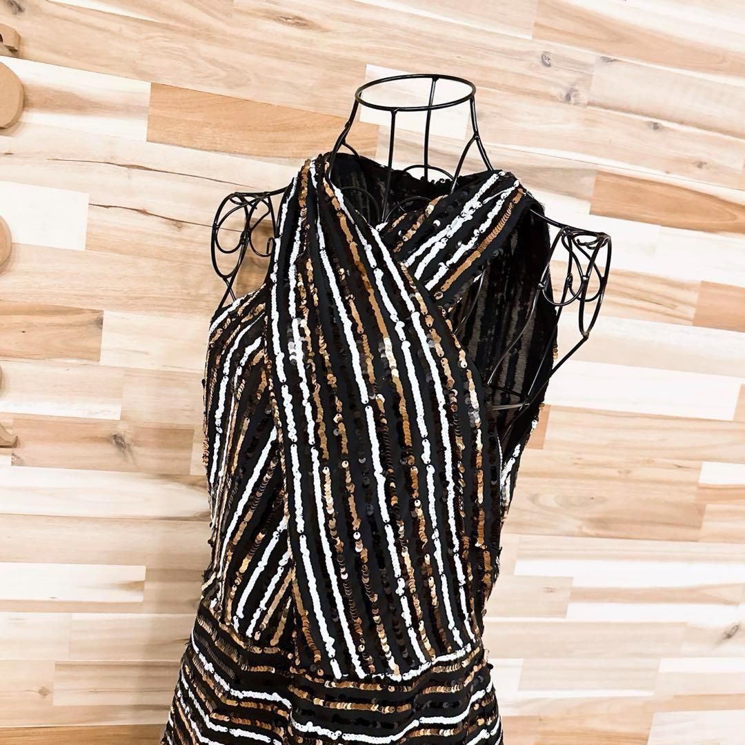 ザラ スパンコール クロス デザイン ドレス ワンピース L 黒×白×ゴールド