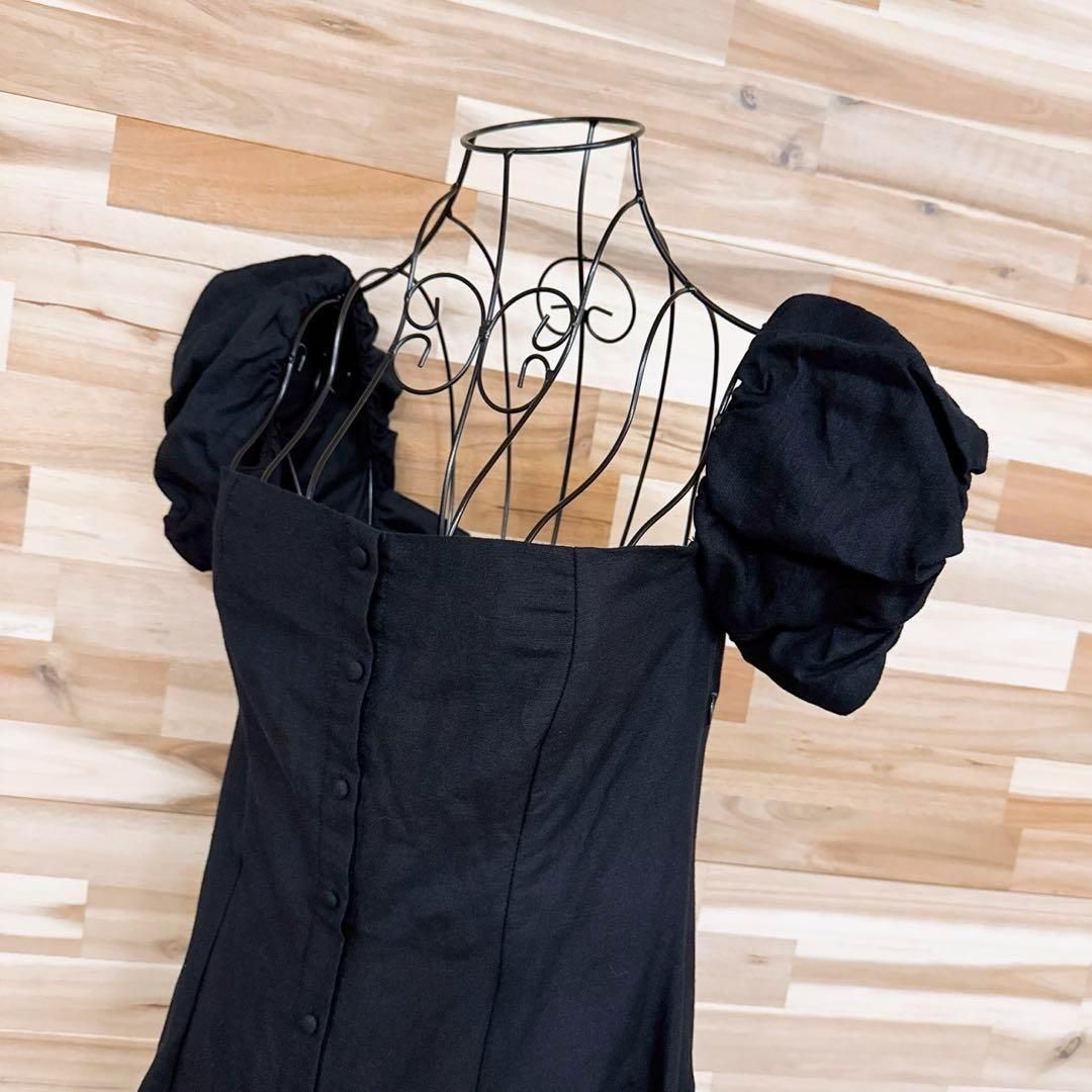 ザラ コットン リネン ブレンド ミニ ワンピース パフスリーブ S黒ブラック