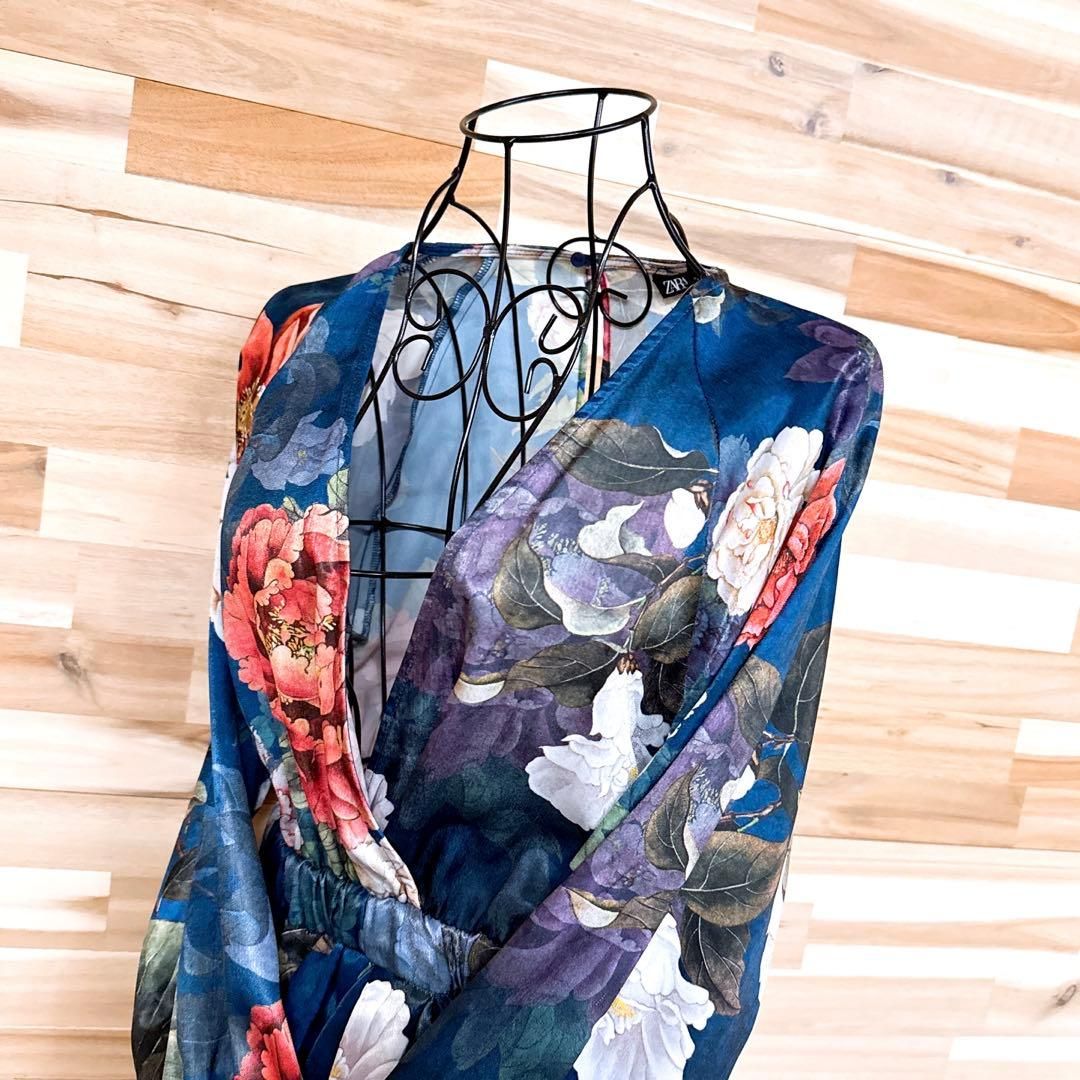 ザラ 花柄 カシュクール 巻き ミニ ワンピース 長袖 リゾート XS 紺×赤