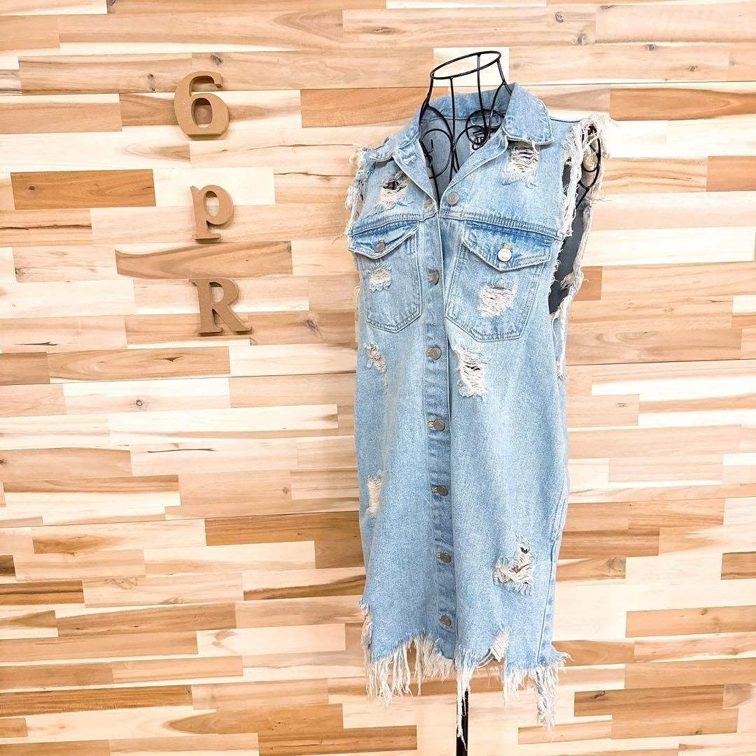 ザラ ビンテージ ダメージ加工 デニム ベスト ミニ ワンピース S 青×白