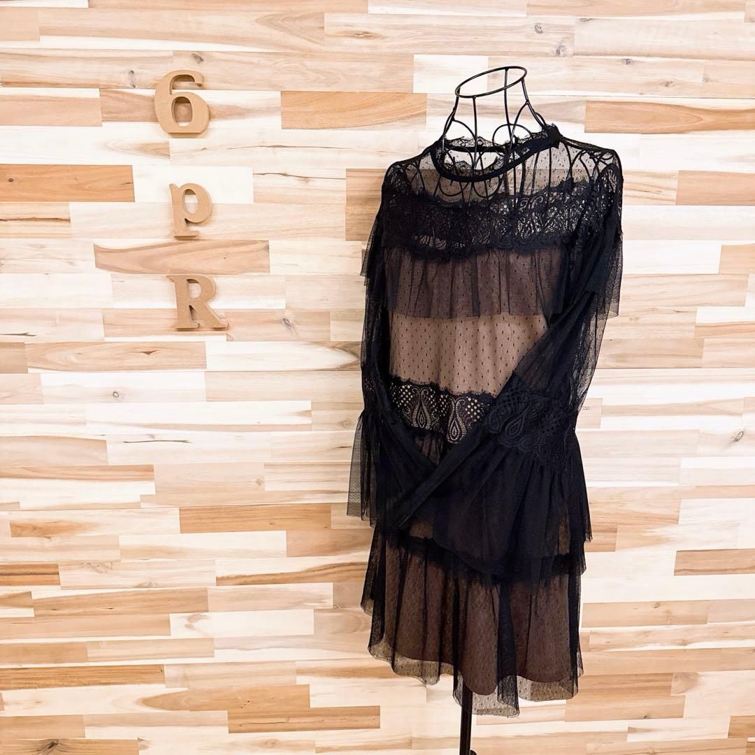 ザラ シアー チュール レース レイヤード ドレス ワンピース M黒×ベージュ