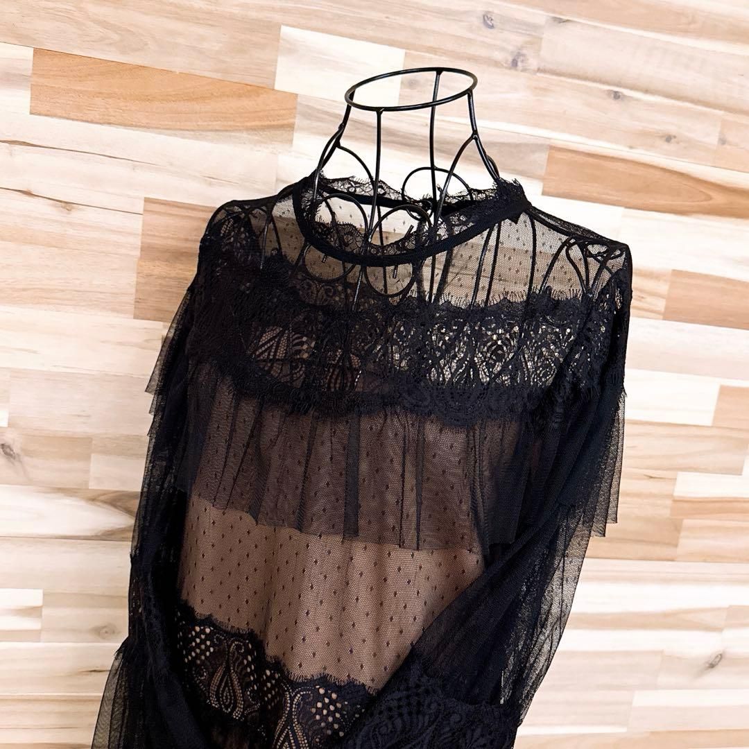 ザラ シアー チュール レース レイヤード ドレス ワンピース M黒×ベージュ