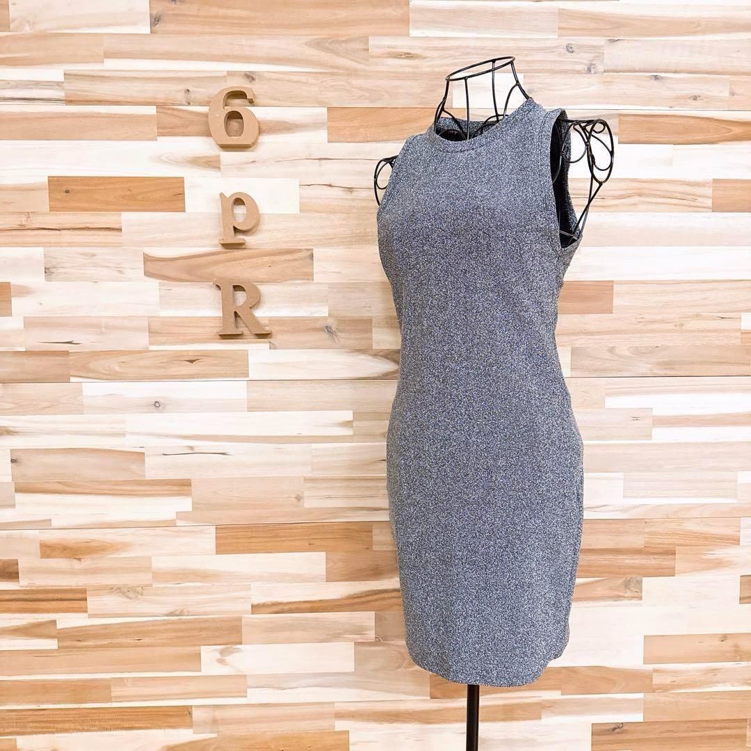 ザラ メタリック ラメ ノースリーブ ミニ ワンピースS 銀シルバー×黒