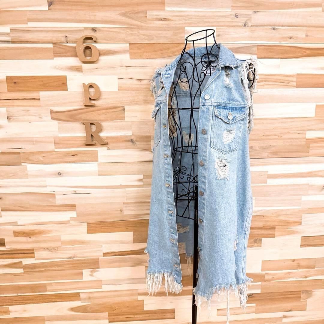  ザラ ビンテージ ダメージ加工 デニム ベスト ミニ ワンピース S 青×白 ノースリーブ ミニワンピース