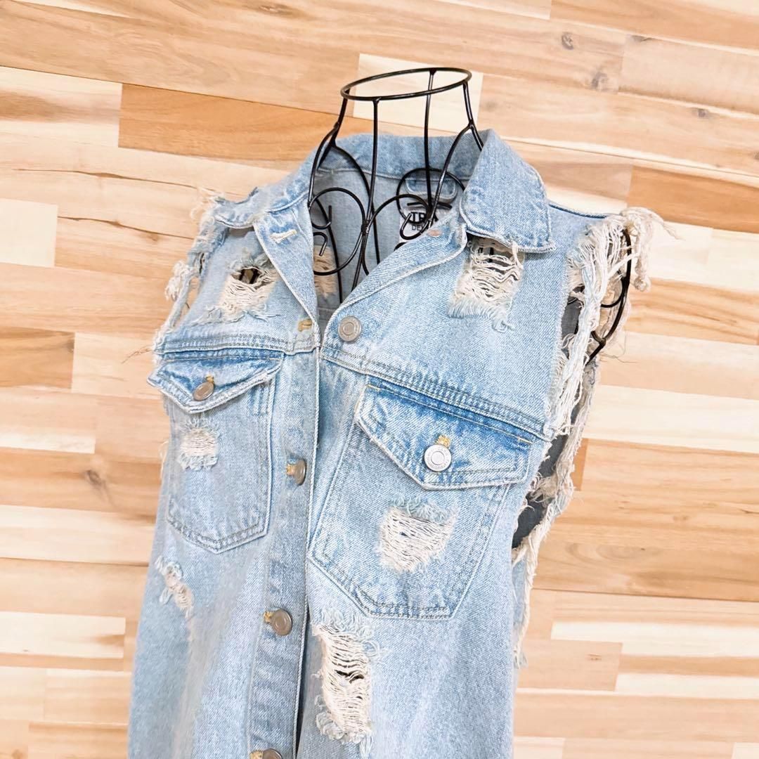 ザラ ビンテージ ダメージ加工 デニム ベスト ミニ ワンピース S 青×白