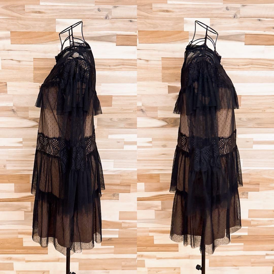  ザラ シアー チュール レース レイヤード ドレス ワンピース M黒×ベージュ 長袖 七分袖 ひざ丈ワンピース