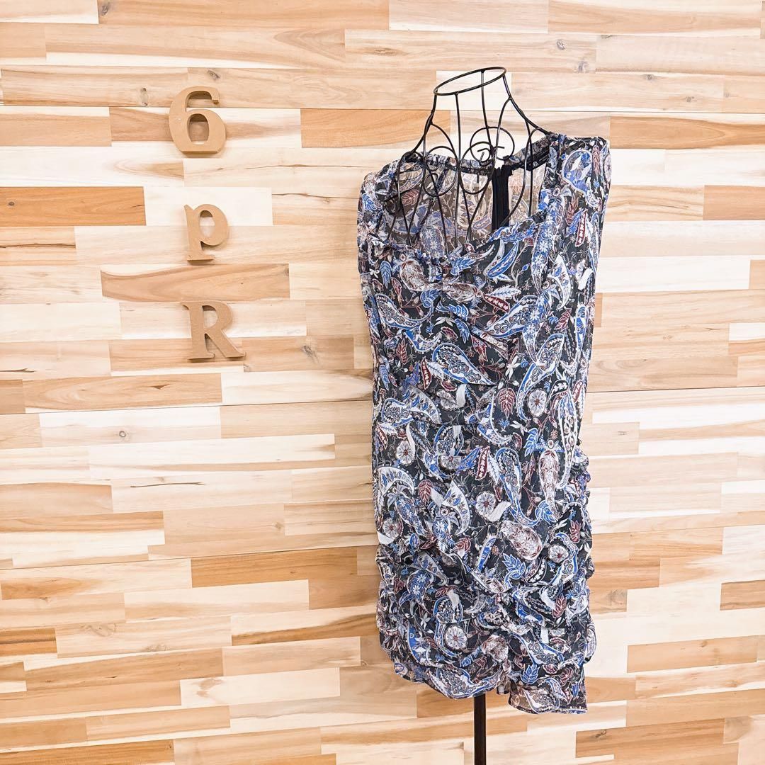 ザラ ラメ糸シフォン シャーリング ミニ ワンピース ペイズリー総柄 M黒×青