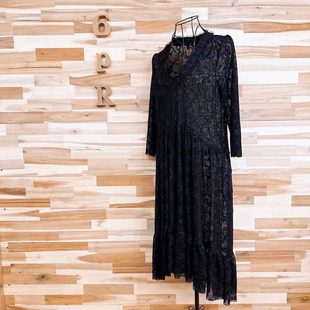 ザラ 透け感 フィッシュテール 総レース Vネック ロング ワンピース M 黒