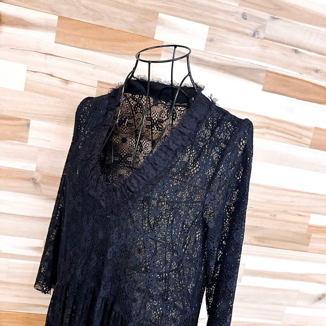 ザラ 透け感 フィッシュテール 総レース Vネック ロング ワンピース M 黒