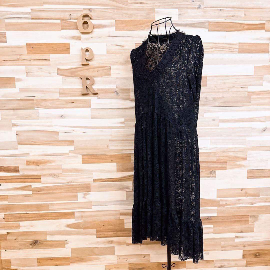  ザラ 透け感 フィッシュテール 総レース Vネック ロング ワンピース M 黒 長袖 七分袖 その他